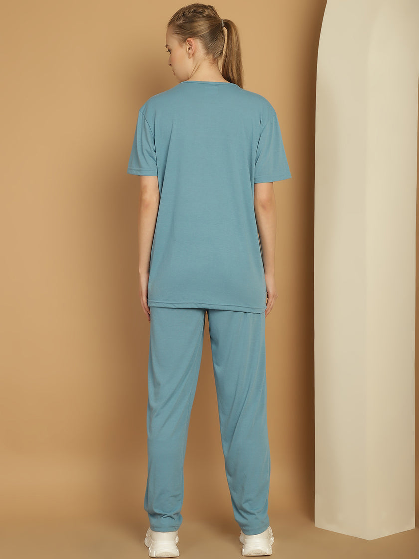 Mack Jonney Printed  Blue Round Neck Cotton  Half sleeves Co-ord set Tracksuit For Women