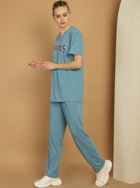 Mack Jonney Printed  Blue Round Neck Cotton  Half sleeves Co-ord set Tracksuit For Women
