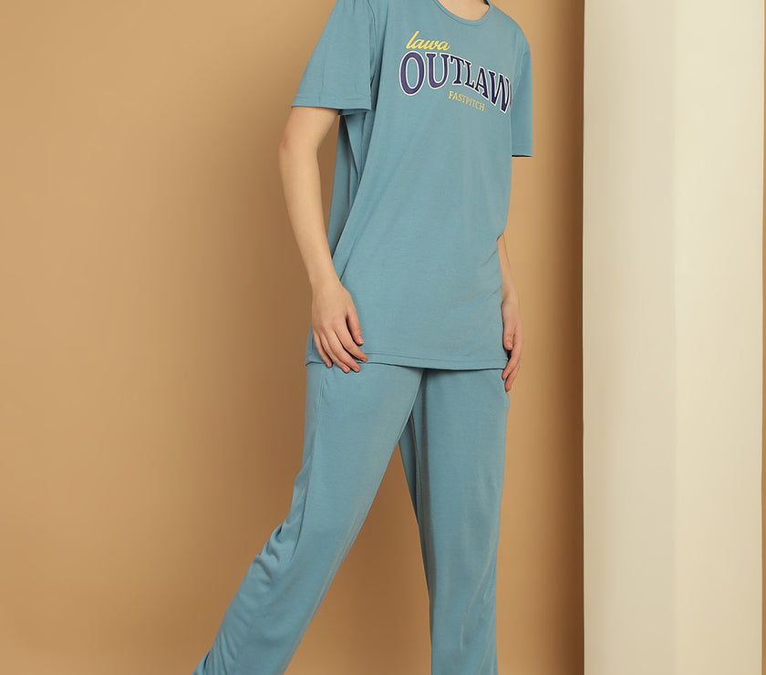Mack Jonney Printed  Blue Round Neck Cotton  Half sleeves Co-ord set Tracksuit For Women
