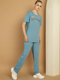 Mack Jonney Printed  Blue Round Neck Cotton  Half sleeves Co-ord set Tracksuit For Women