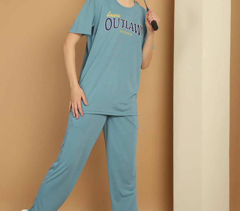 Mack Jonney Printed  Blue Round Neck Cotton  Half sleeves Co-ord set Tracksuit For Women