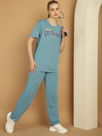 Mack Jonney Printed  Blue Round Neck Cotton  Half sleeves Co-ord set Tracksuit For Women