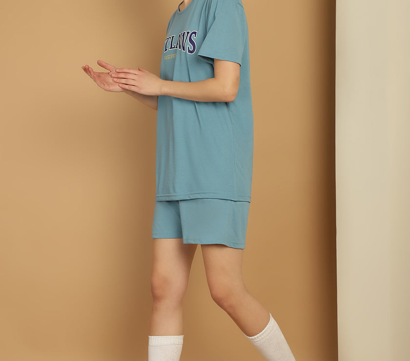 Mack Jonney Printed  Blue Round Neck Cotton  Half sleeves Co-ord set Tracksuit For Women