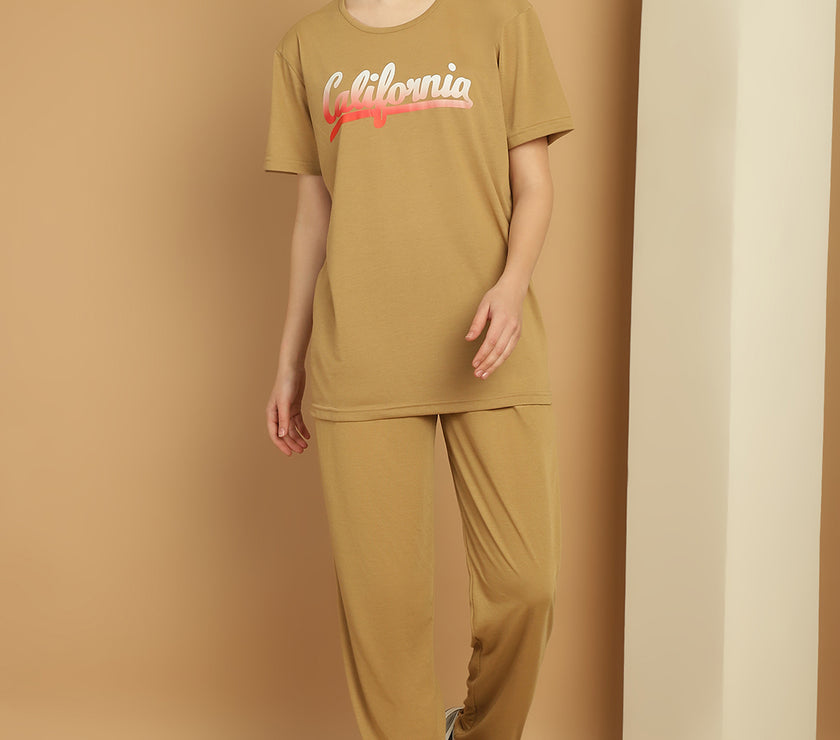 Mack Jonney Printed  Beige Round Neck Cotton  Half sleeves Co-ord set Tracksuit For Women
