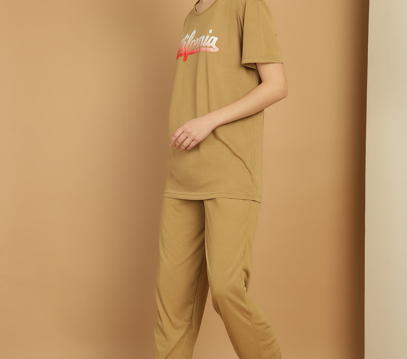 Mack Jonney Printed  Beige Round Neck Cotton  Half sleeves Co-ord set Tracksuit For Women