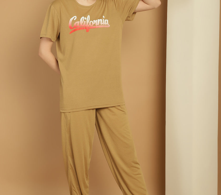 Mack Jonney Printed  Beige Round Neck Cotton  Half sleeves Co-ord set Tracksuit For Women