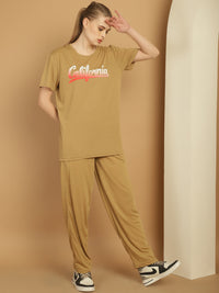 Mack Jonney Printed  Beige Round Neck Cotton  Half sleeves Co-ord set Tracksuit For Women