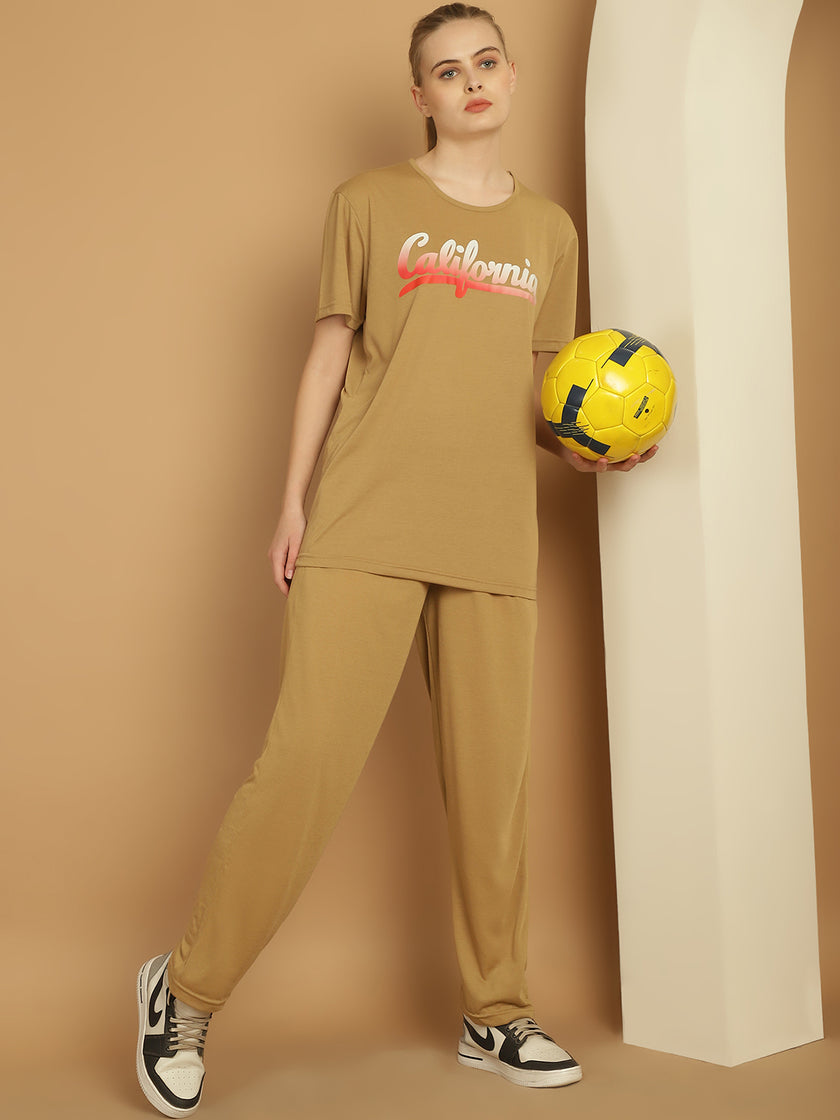 Mack Jonney Printed  Beige Round Neck Cotton  Half sleeves Co-ord set Tracksuit For Women