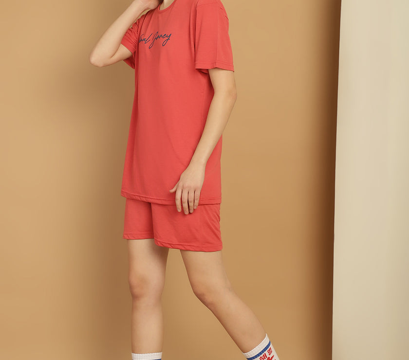 Mack Jonney Logo Print  Pink Round Neck Cotton  Half sleeves Co-ord set Tracksuit For Women