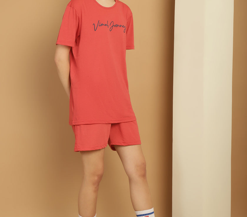 Mack Jonney Logo Print  Pink Round Neck Cotton  Half sleeves Co-ord set Tracksuit For Women