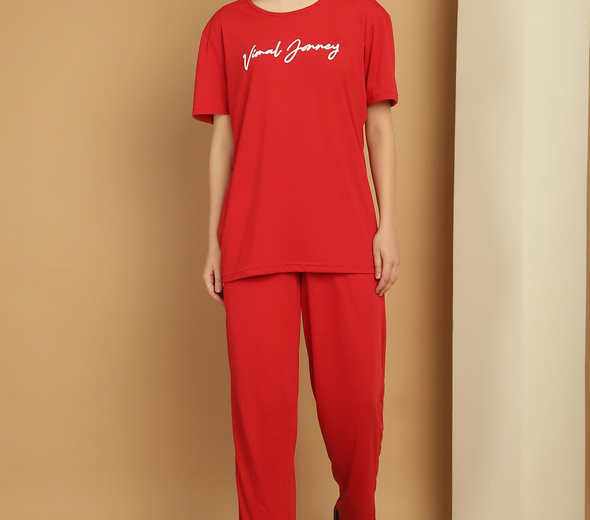Mack Jonney Logo Print  Red Round Neck Cotton  Half sleeves Co-ord set Tracksuit For Women