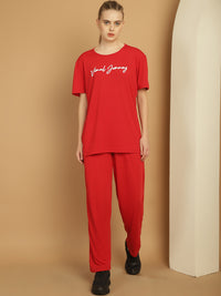 Mack Jonney Logo Print  Red Round Neck Cotton  Half sleeves Co-ord set Tracksuit For Women