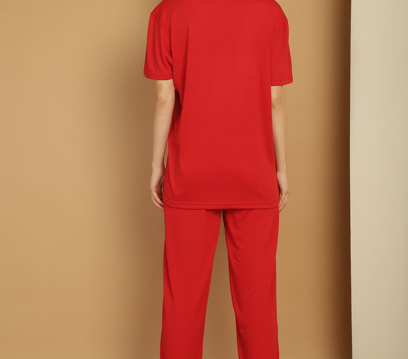 Mack Jonney Logo Print  Red Round Neck Cotton  Half sleeves Co-ord set Tracksuit For Women