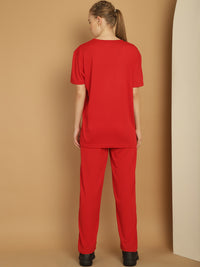 Mack Jonney Logo Print  Red Round Neck Cotton  Half sleeves Co-ord set Tracksuit For Women