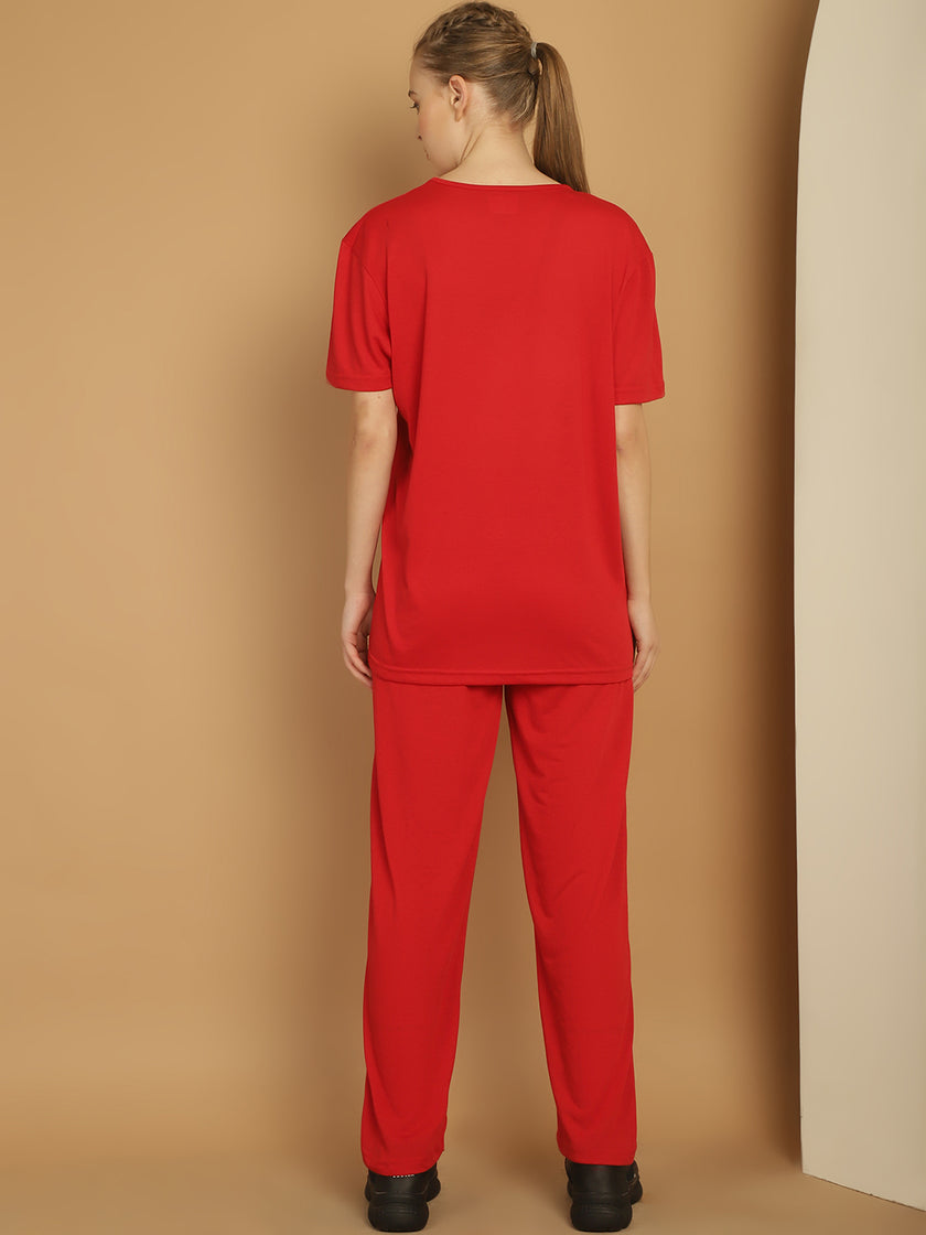 Mack Jonney Logo Print  Red Round Neck Cotton  Half sleeves Co-ord set Tracksuit For Women