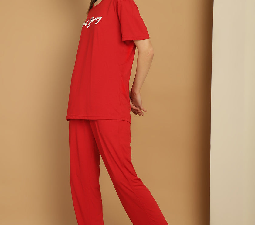 Mack Jonney Logo Print  Red Round Neck Cotton  Half sleeves Co-ord set Tracksuit For Women