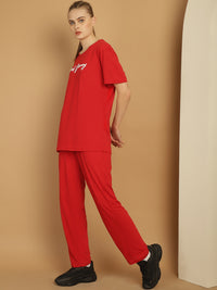 Mack Jonney Logo Print  Red Round Neck Cotton  Half sleeves Co-ord set Tracksuit For Women