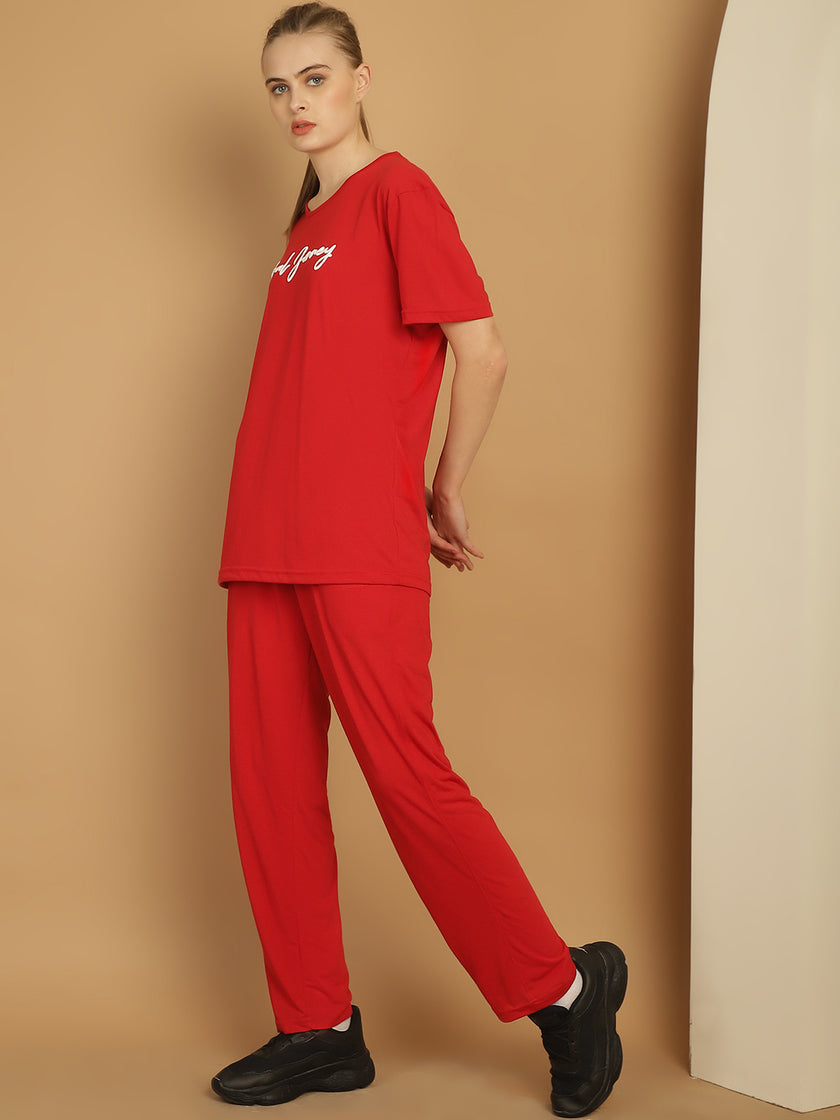 Mack Jonney Logo Print  Red Round Neck Cotton  Half sleeves Co-ord set Tracksuit For Women