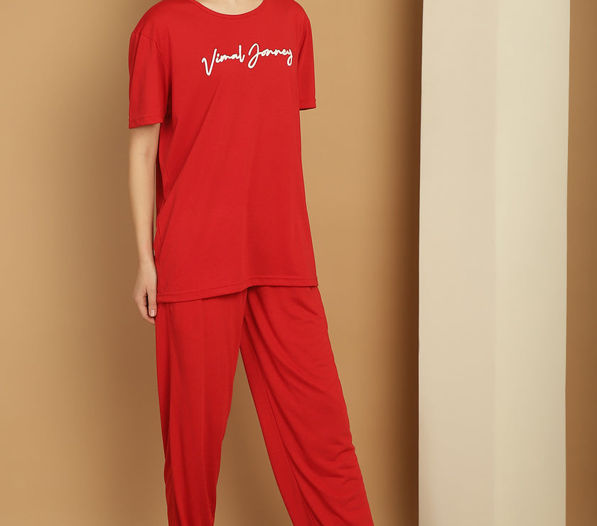 Mack Jonney Logo Print  Red Round Neck Cotton  Half sleeves Co-ord set Tracksuit For Women