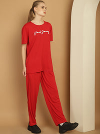 Mack Jonney Logo Print  Red Round Neck Cotton  Half sleeves Co-ord set Tracksuit For Women