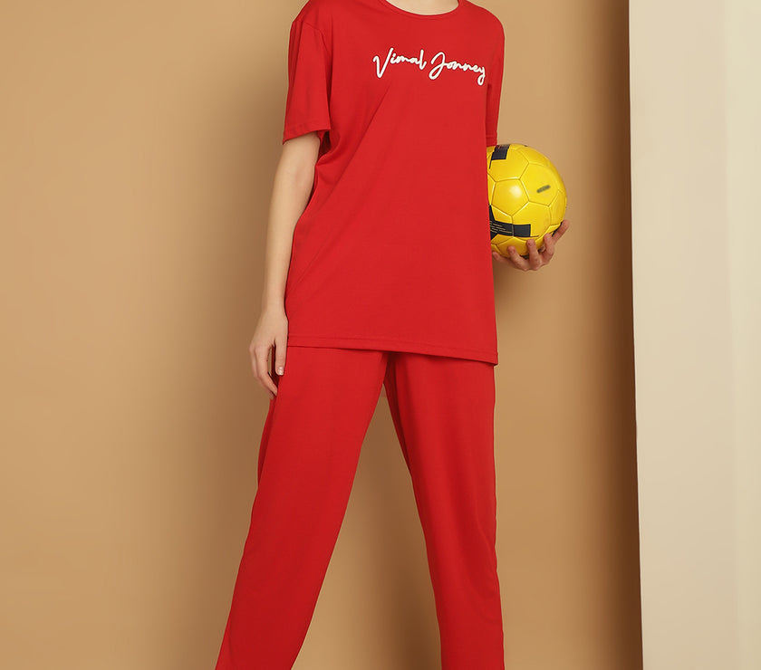 Mack Jonney Logo Print  Red Round Neck Cotton  Half sleeves Co-ord set Tracksuit For Women