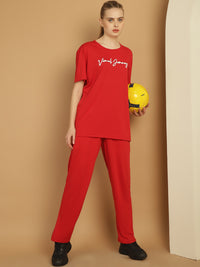 Mack Jonney Logo Print  Red Round Neck Cotton  Half sleeves Co-ord set Tracksuit For Women