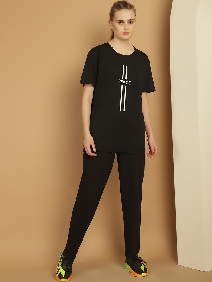 Mack Jonney Printed  Black Round Neck Cotton  Half sleeves Co-ord set Tracksuit For Women
