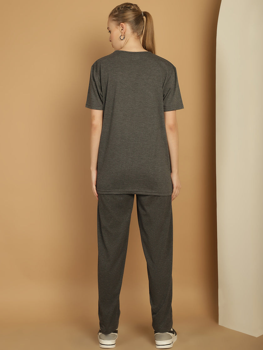Mack Jonney Printed  Grey Round Neck Cotton  Half sleeves Co-ord set Tracksuit For Women