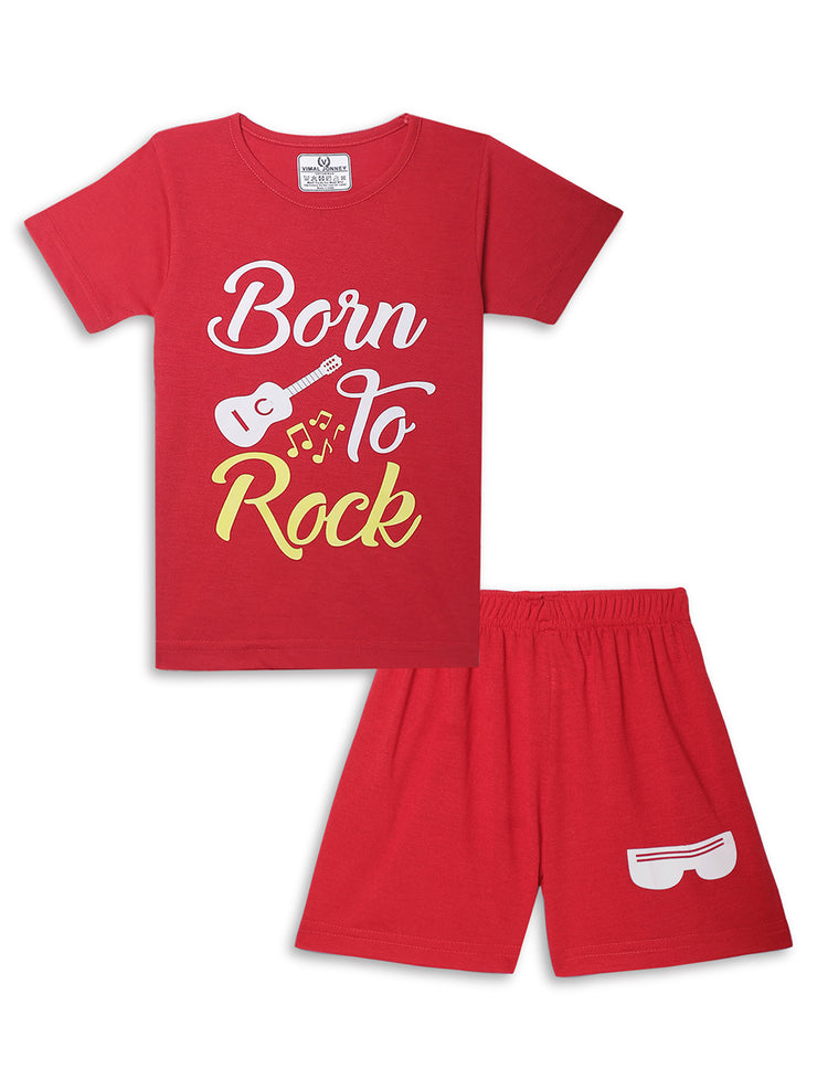 Mack Jonney Printed Red Regular Fit Cotton blended Tshirt And Bottom Set For Kids