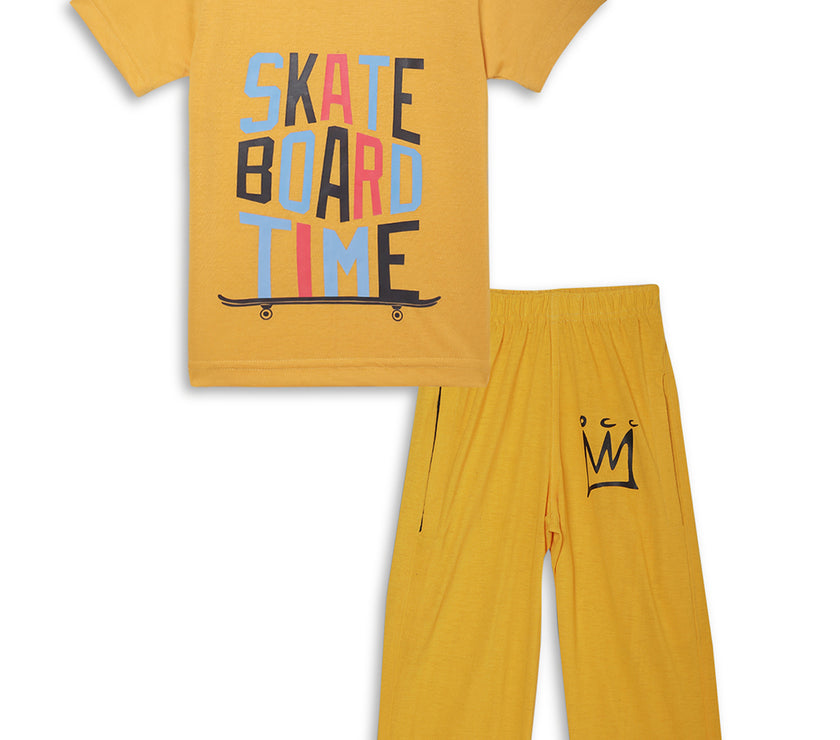 Mack Jonney Printed Yellow Regular Fit Cotton blended Tshirt And Bottom Set For Kids
