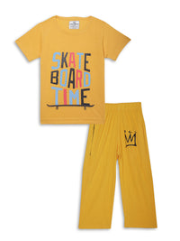 Mack Jonney Printed Yellow Regular Fit Cotton blended Tshirt And Bottom Set For Kids