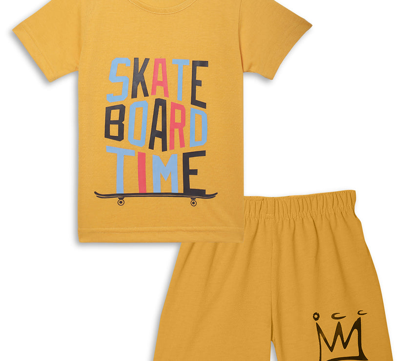 Mack Jonney Printed Yellow Regular Fit Cotton blended Tshirt And Bottom Set For Kids