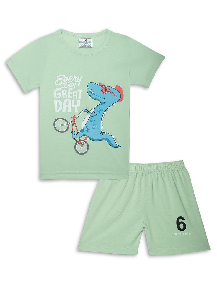 Mack Jonney Printed Green Regular Fit Cotton blended Tshirt And Bottom Set For Kids