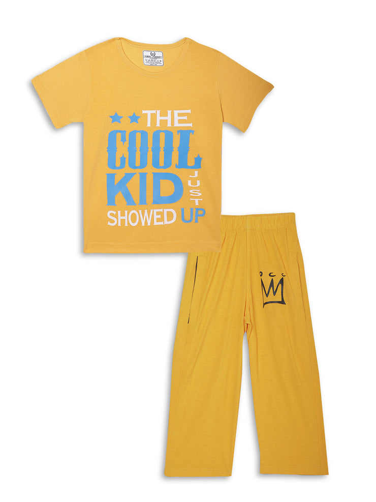 Mack Jonney Printed Yellow Regular Fit Cotton blended Tshirt And Bottom Set For Kids