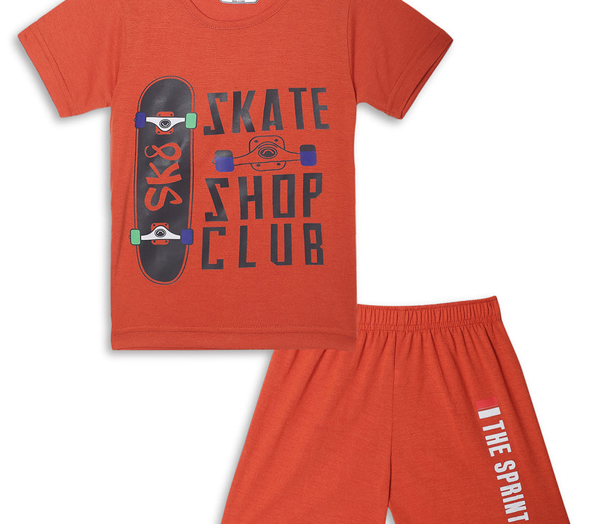 Mack Jonney Printed Rust Regular Fit Cotton blended Tshirt And Bottom Set For Kids