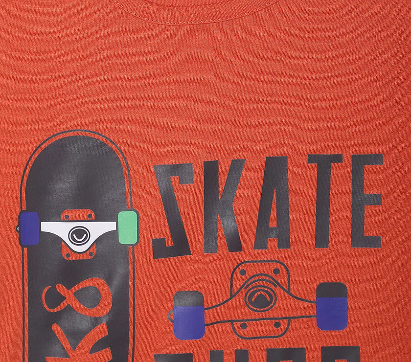 Mack Jonney Printed Rust Regular Fit Cotton blended Tshirt And Bottom Set For Kids