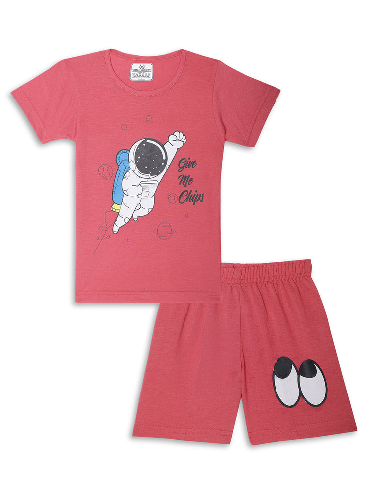 Mack Jonney Printed Pink Regular Fit Cotton blended Tshirt And Bottom Set For Kids