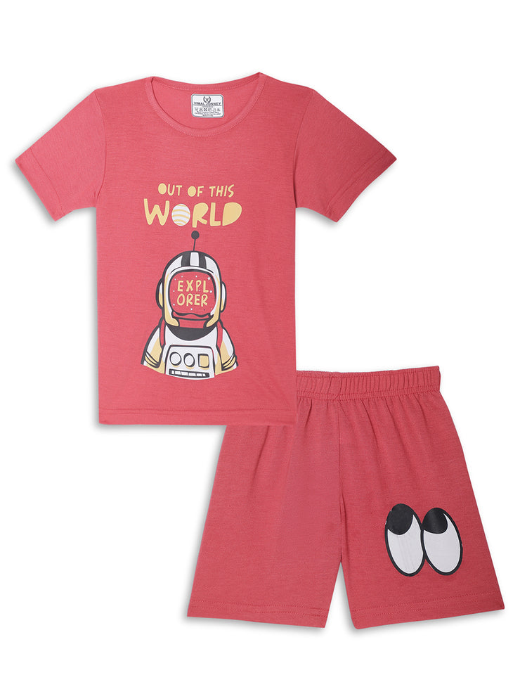 Mack Jonney Printed Pink Regular Fit Cotton blended Tshirt And Bottom Set For Kids