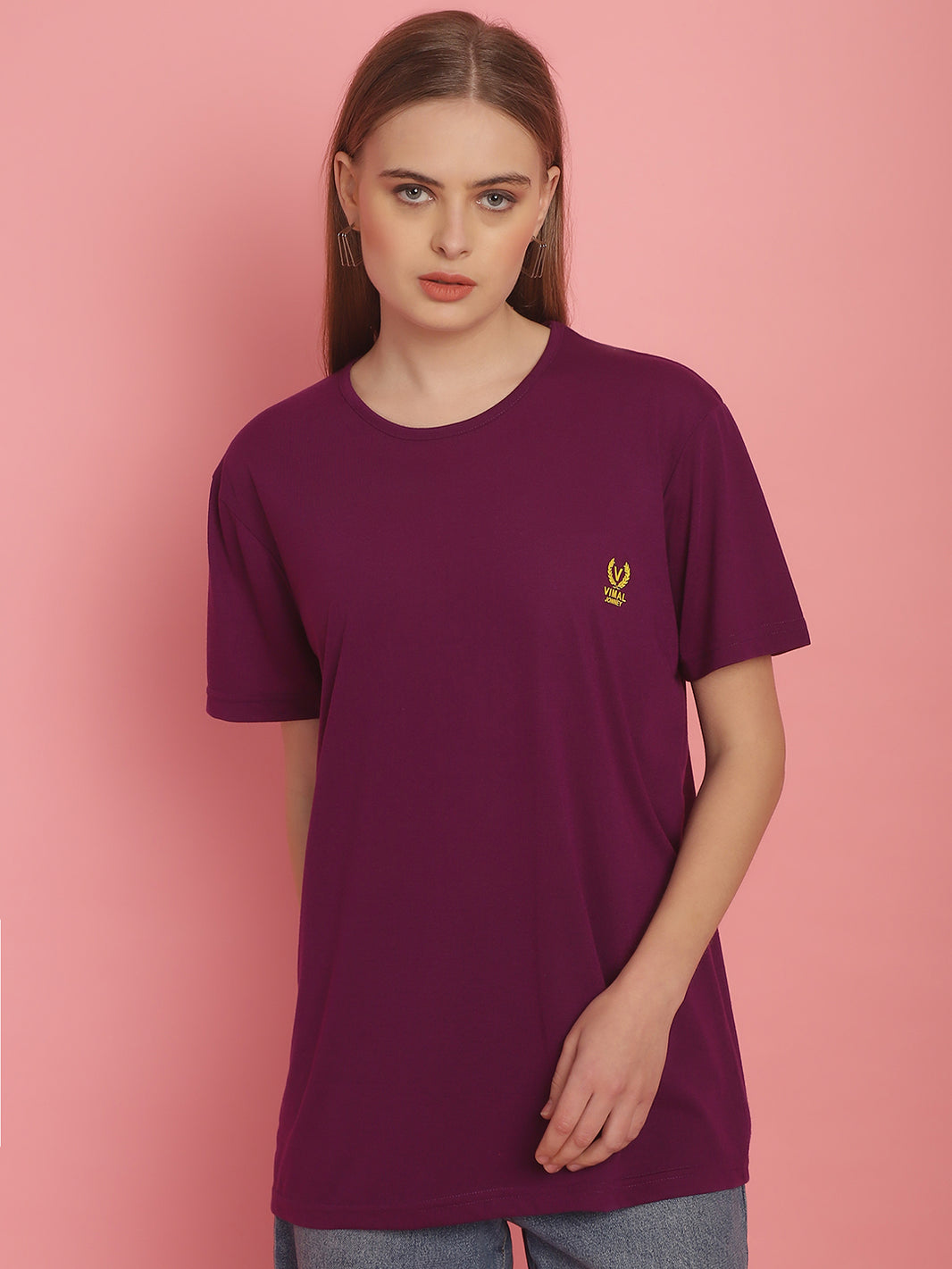 Mack Jonney Round Neck Cotton Solid Purple T-Shirt for Women