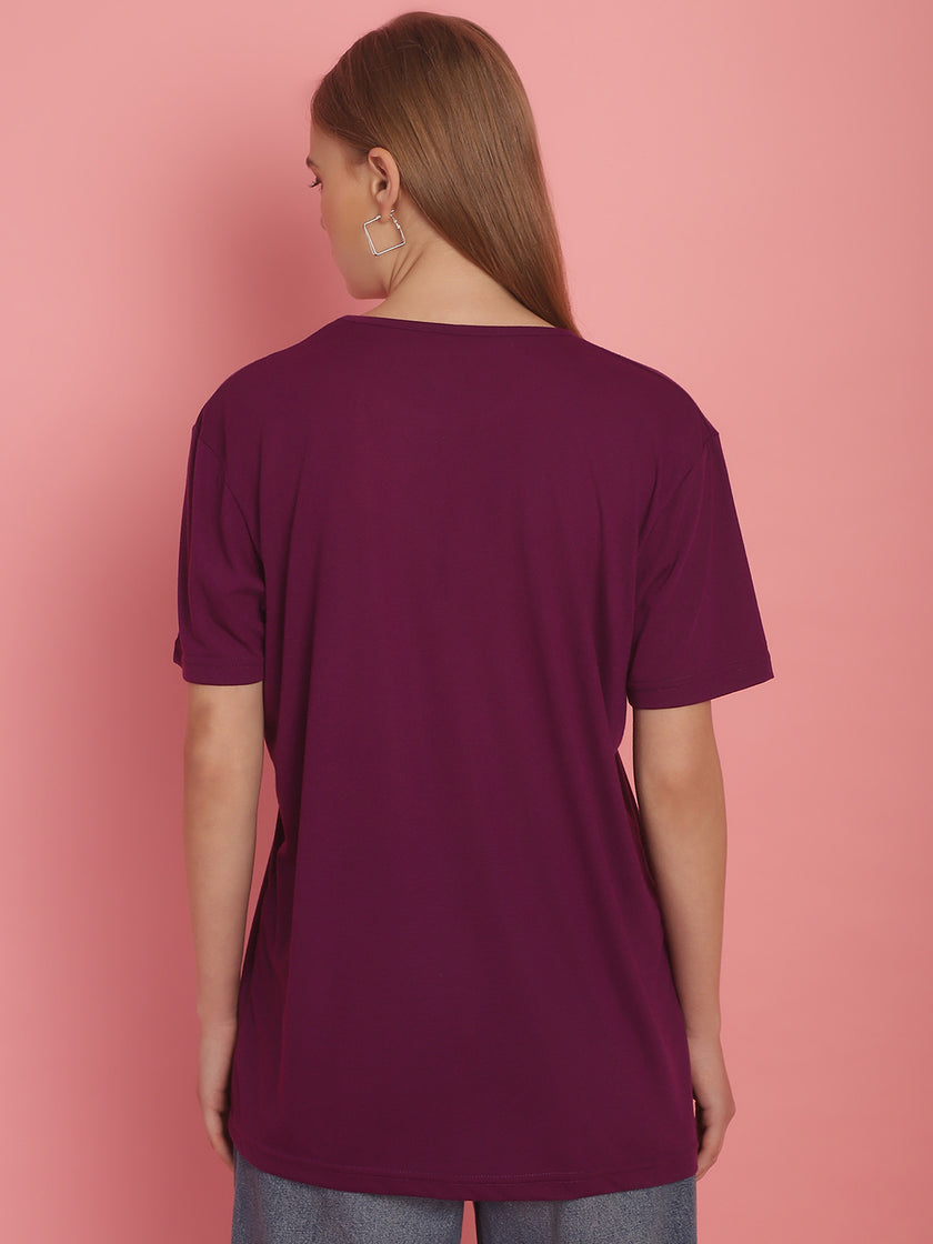 Mack Jonney Round Neck Cotton Solid Purple T-Shirt for Women