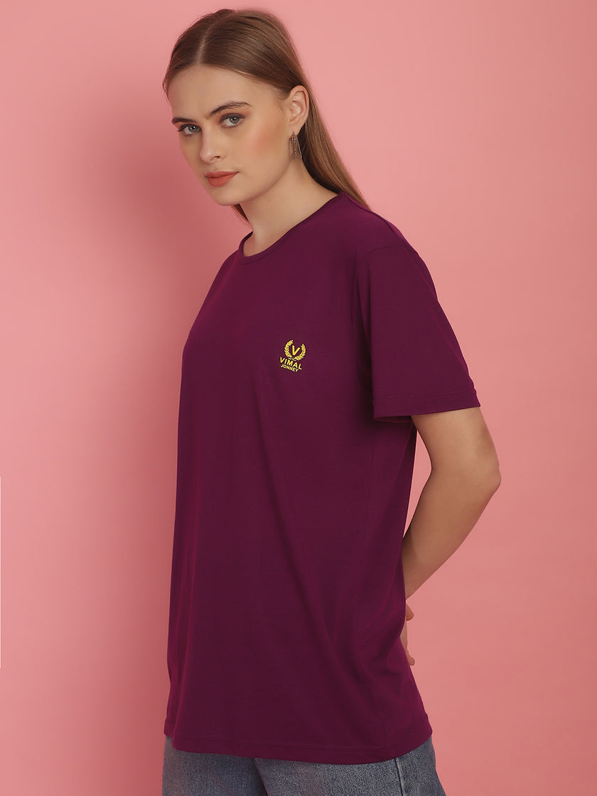 Mack Jonney Round Neck Cotton Solid Purple T-Shirt for Women