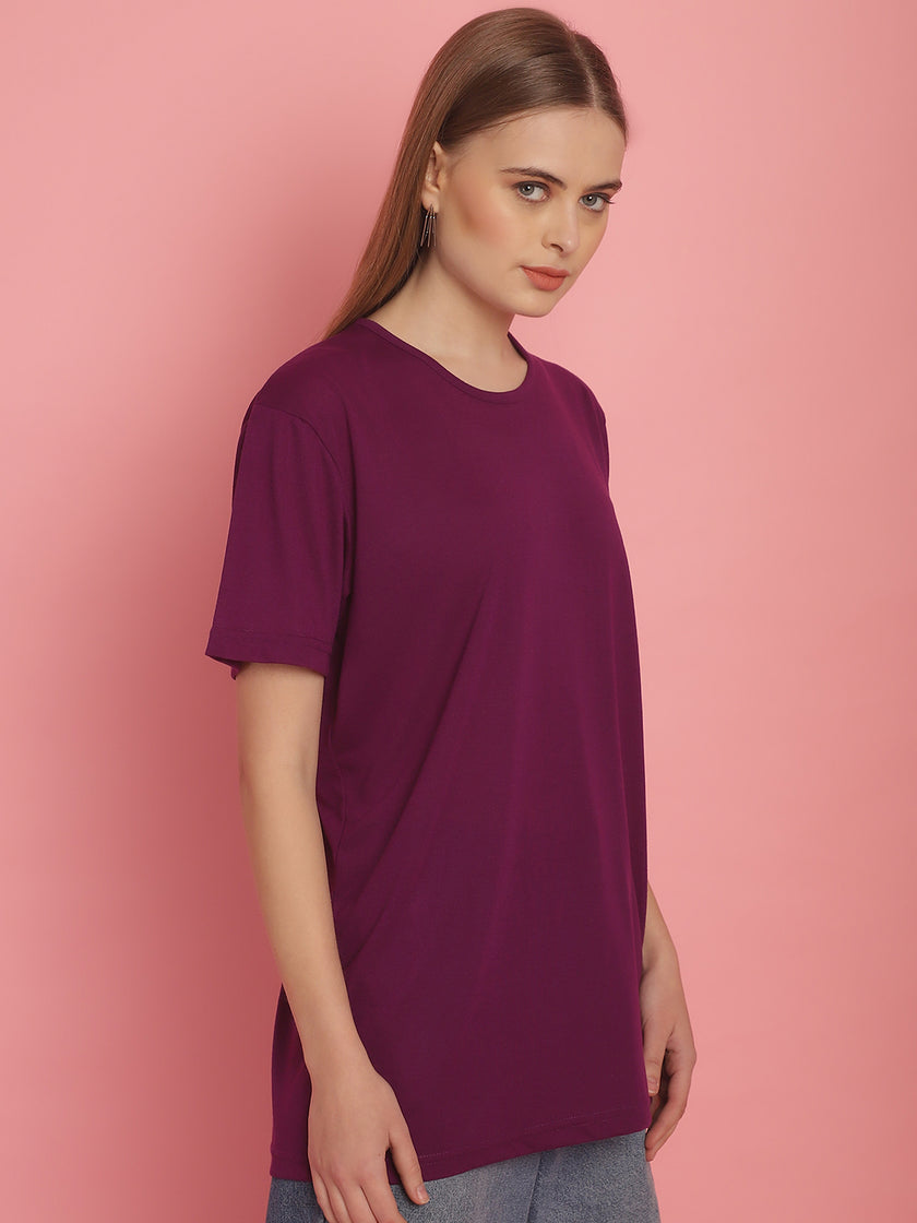 Mack Jonney Round Neck Cotton Solid Purple T-Shirt for Women