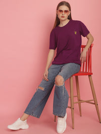 Mack Jonney Round Neck Cotton Solid Purple T-Shirt for Women