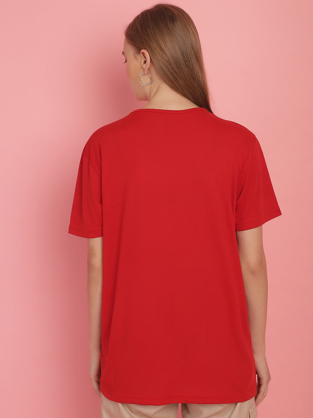 Mack Jonney Round Neck Cotton Solid Red T-Shirt for Women