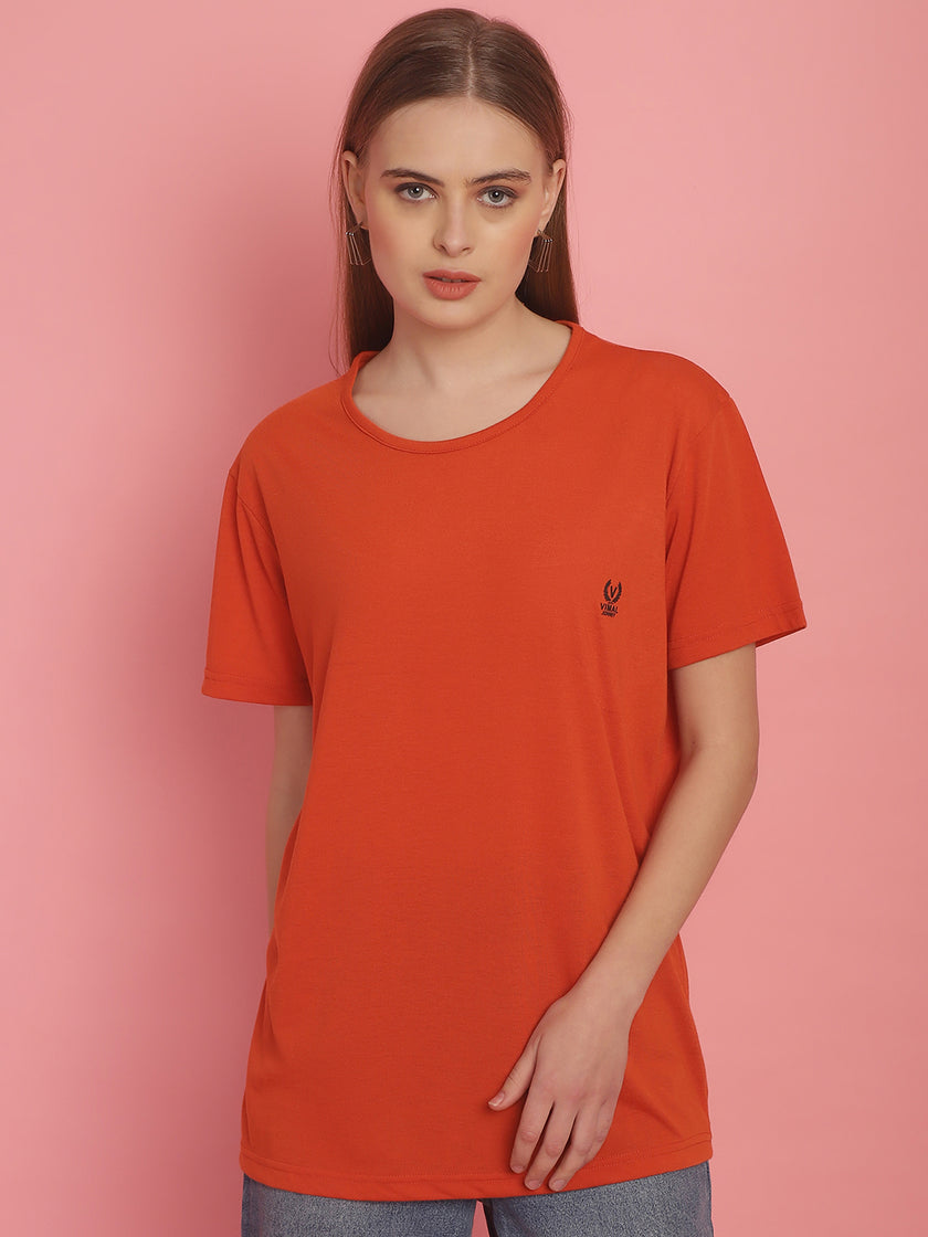 Mack Jonney Round Neck Cotton Solid Rust T-Shirt for Women