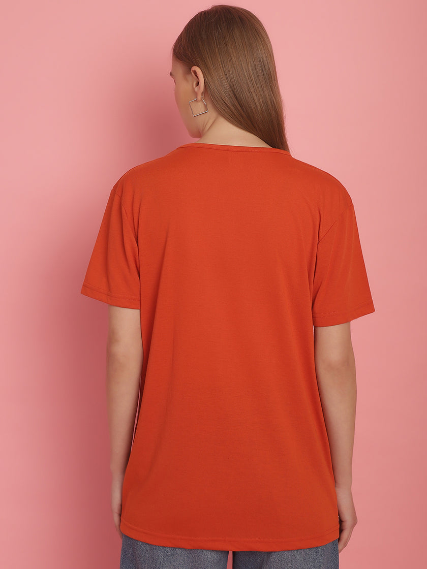 Mack Jonney Round Neck Cotton Solid Rust T-Shirt for Women