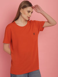 Mack Jonney Round Neck Cotton Solid Rust T-Shirt for Women