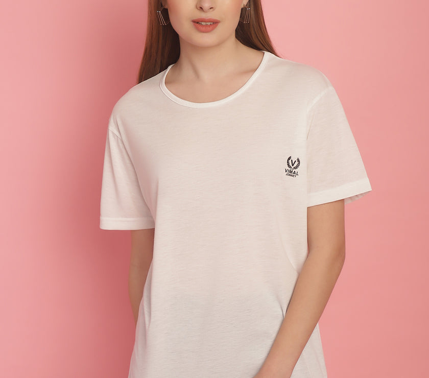 Mack Jonney Round Neck Cotton Solid White T-Shirt for Women