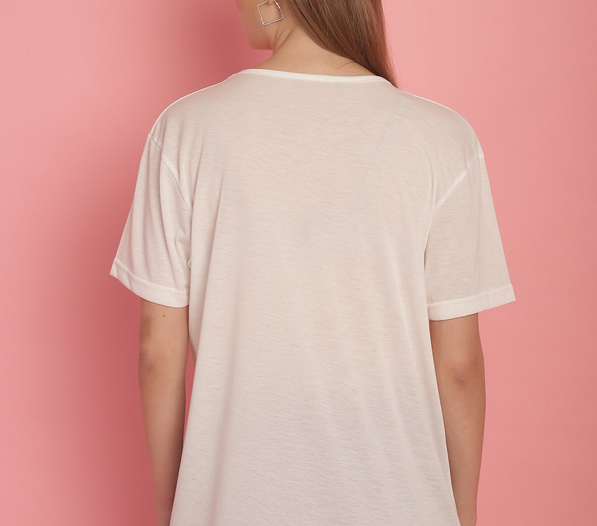 Mack Jonney Round Neck Cotton Solid White T-Shirt for Women