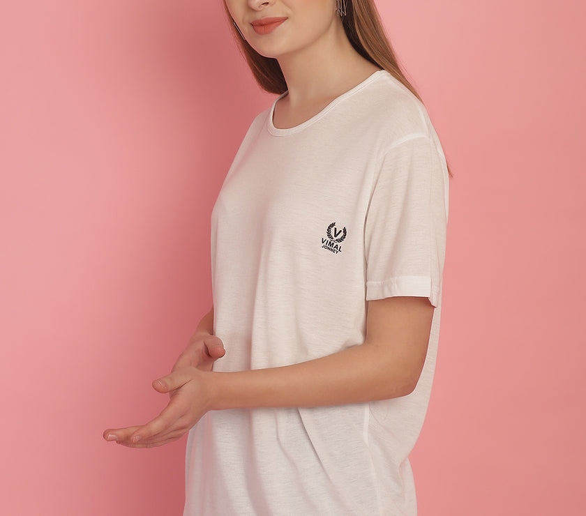 Mack Jonney Round Neck Cotton Solid White T-Shirt for Women